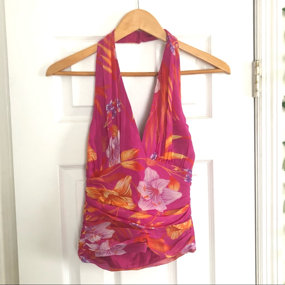 CACHE Y2K Vintage Chiffon Silk Floral Hot Pink Ruched Halter Top Size 6 Small